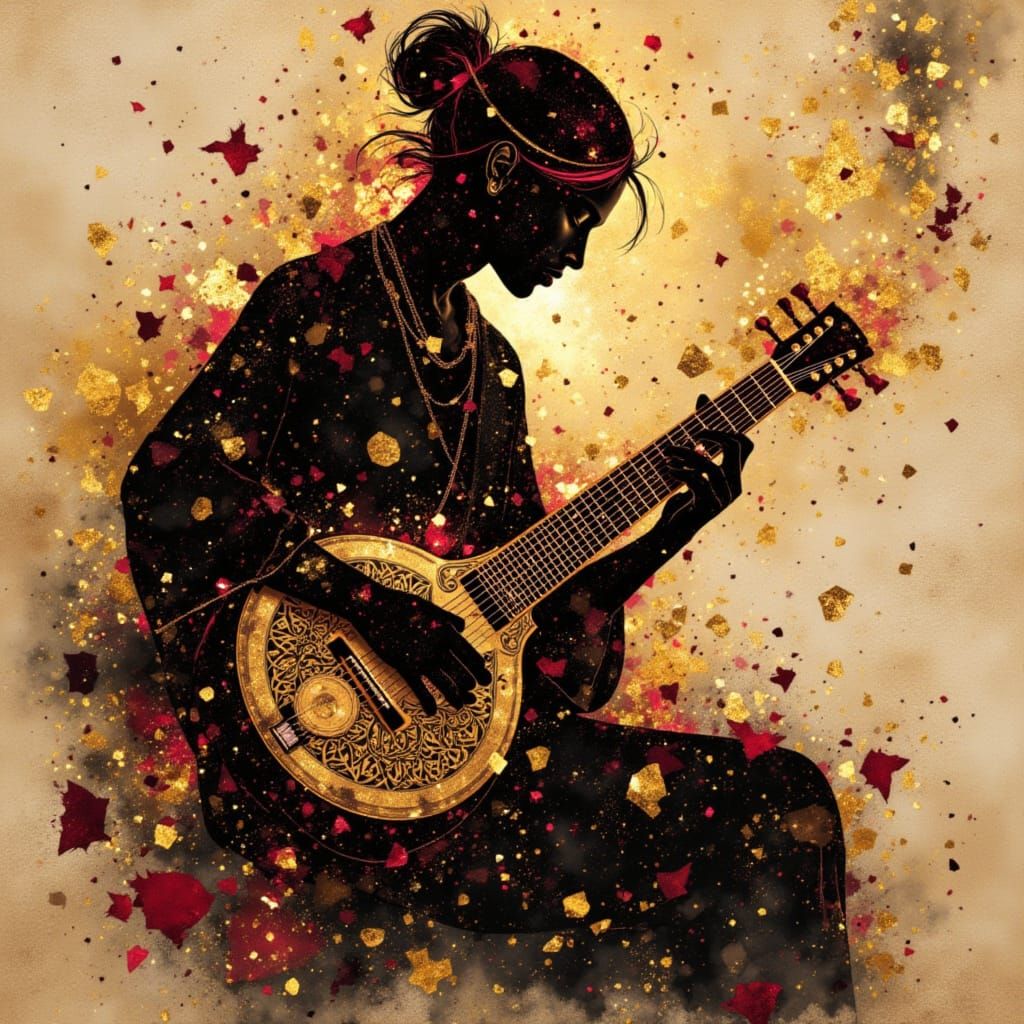 Sitar Player in Meditative Pose with Gold and Ruby Accents