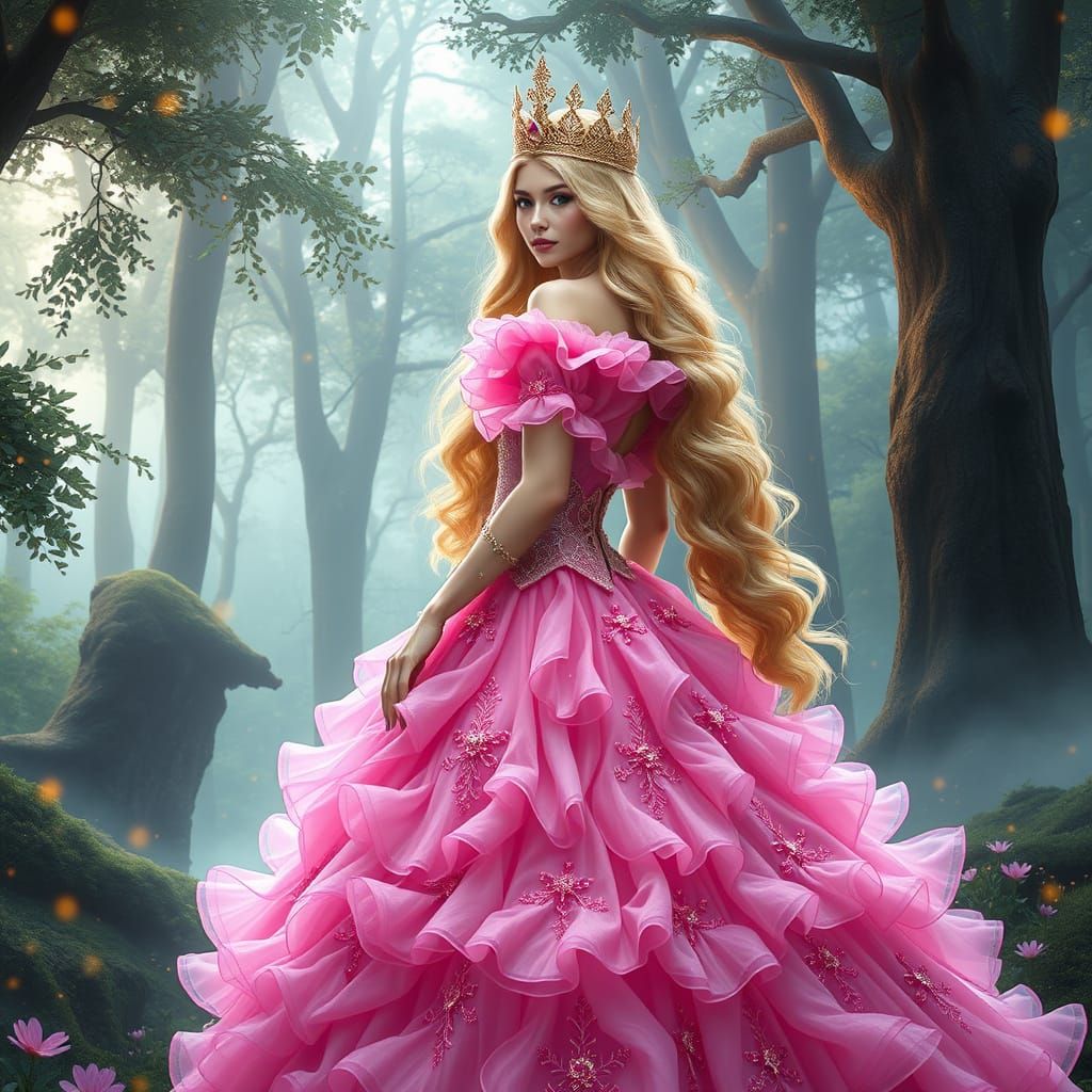 Regal Queen in Vibrant Pink Ballgown, Fantasy Forest Setting