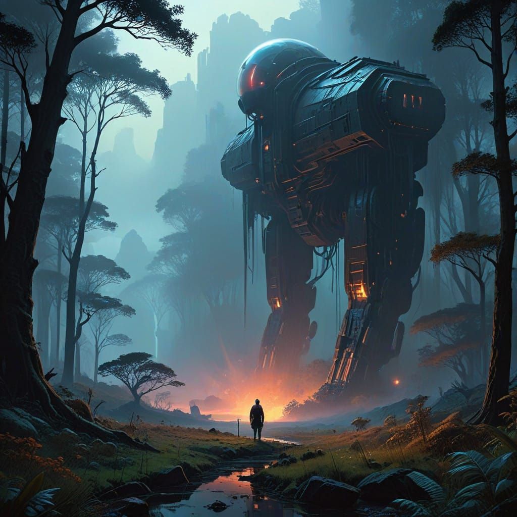 Mystical Figure Enters Eerie Forest in Dreamlike Landscape