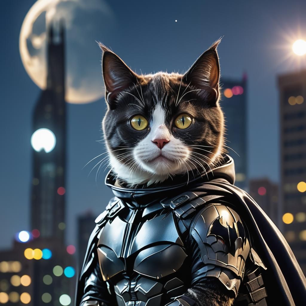 Cat in Batman Suit on Skyscraper, Moonlit Portrait