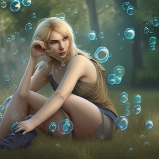 Woman with Bubbles: Hyperdetailed Portrait in Park