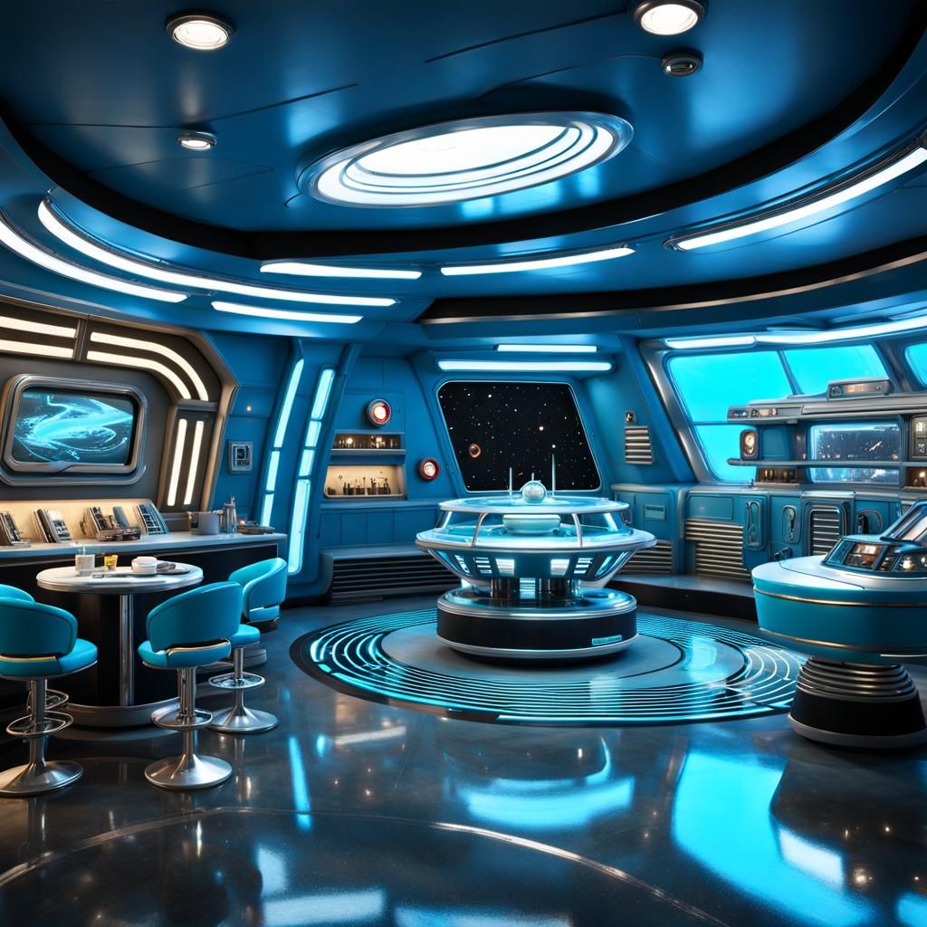 Retro Futuristic Spaceship Cafeteria with Star View