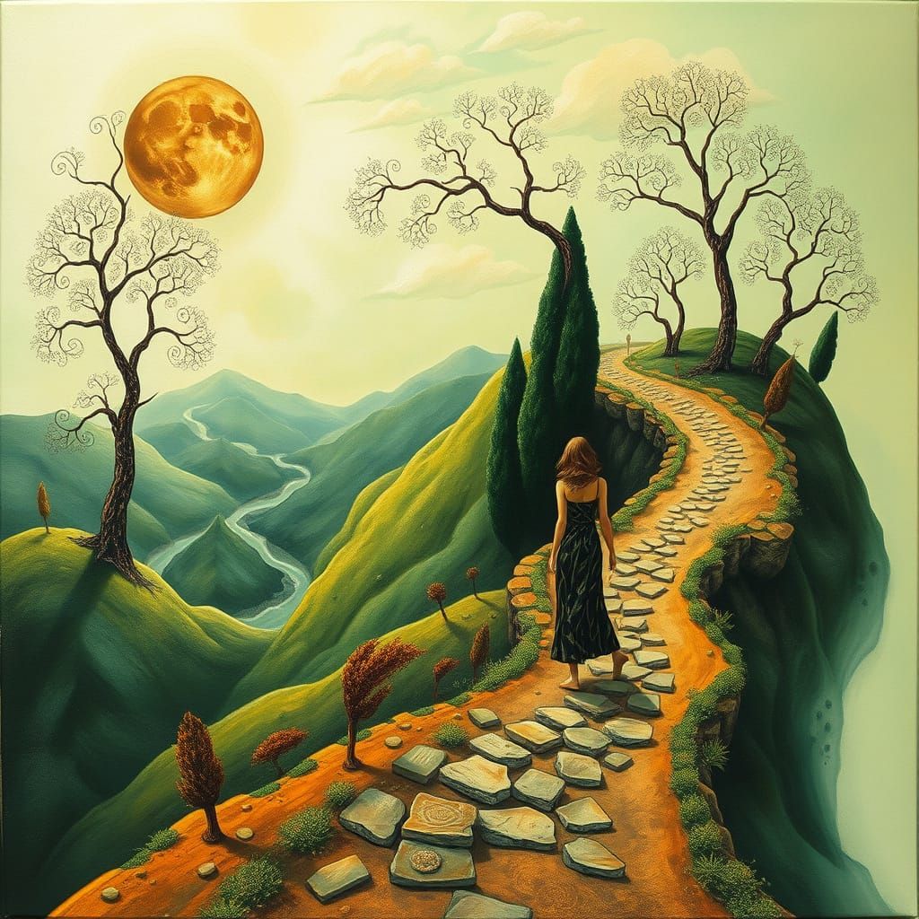 Surreal Woman Walking Impossible Landscape in Zentangle Styl...