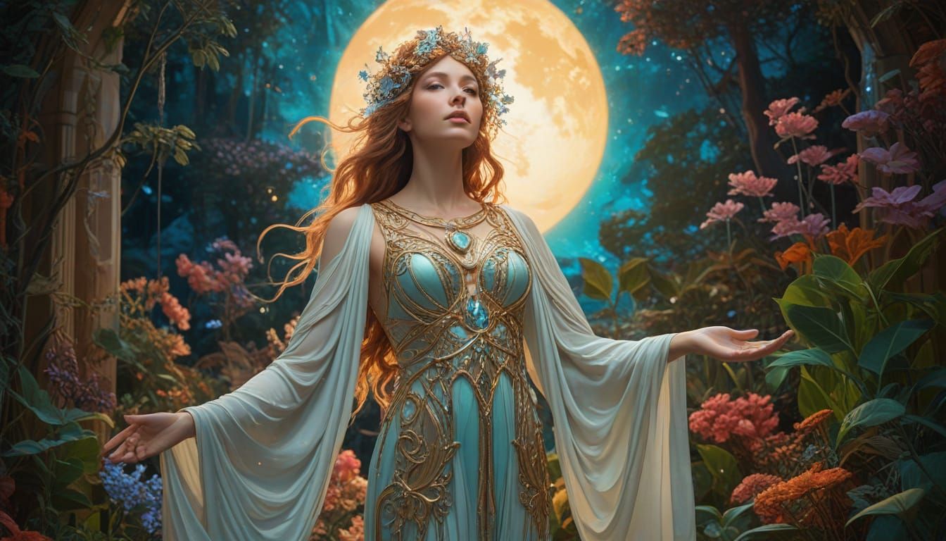 Goddess in Celestial Garden: Hyperrealistic Splash Art