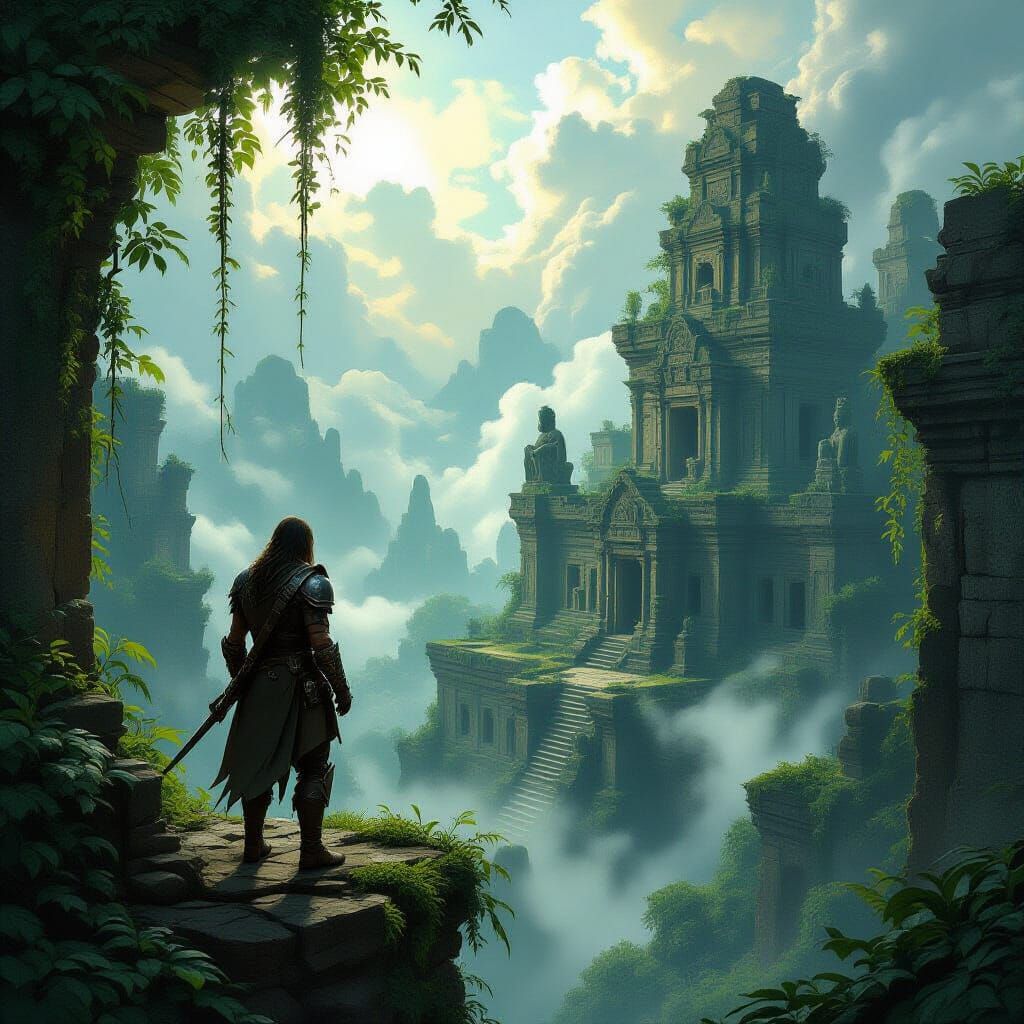 Adventurer Overlooks Jungle-Reclaimed City Ruins