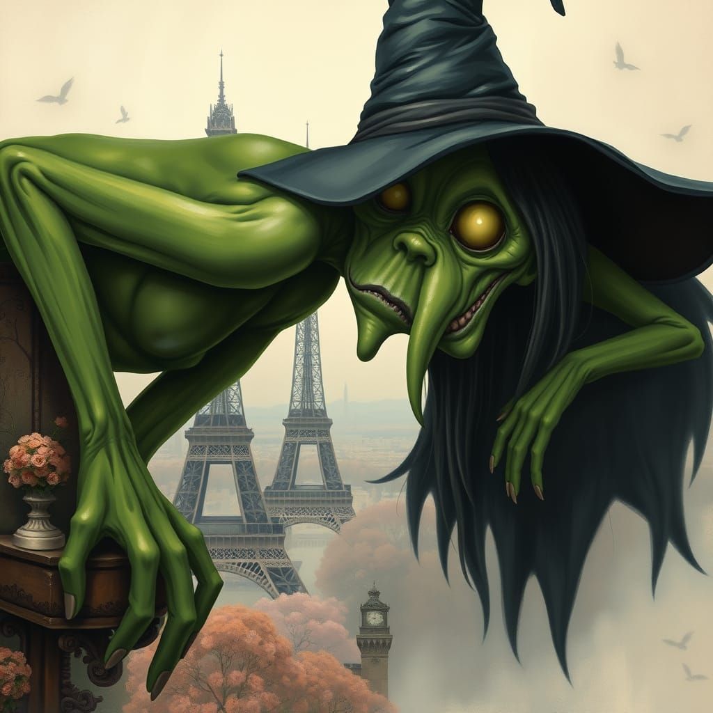 Giant Witch in Latex Over Paris in Dreamlike Style