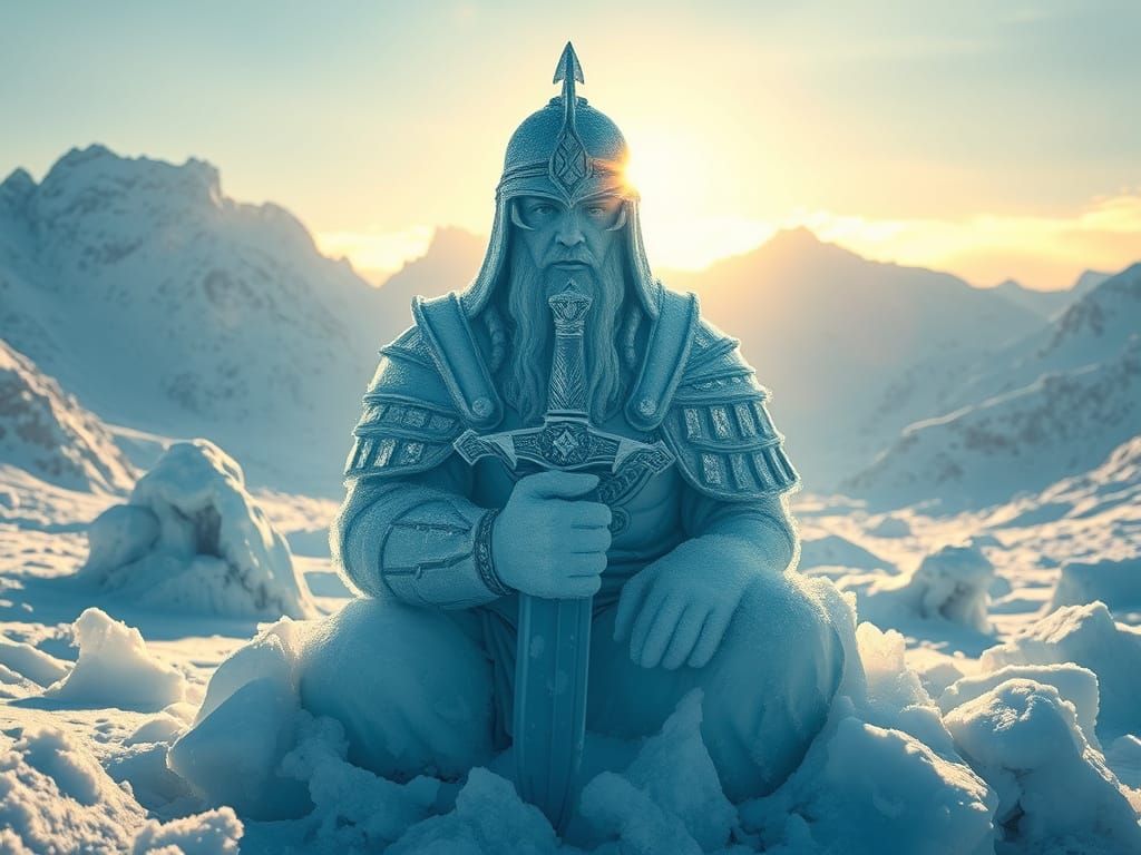 Ice Warrior Statue in Frosty Hummocks, Photorealistic