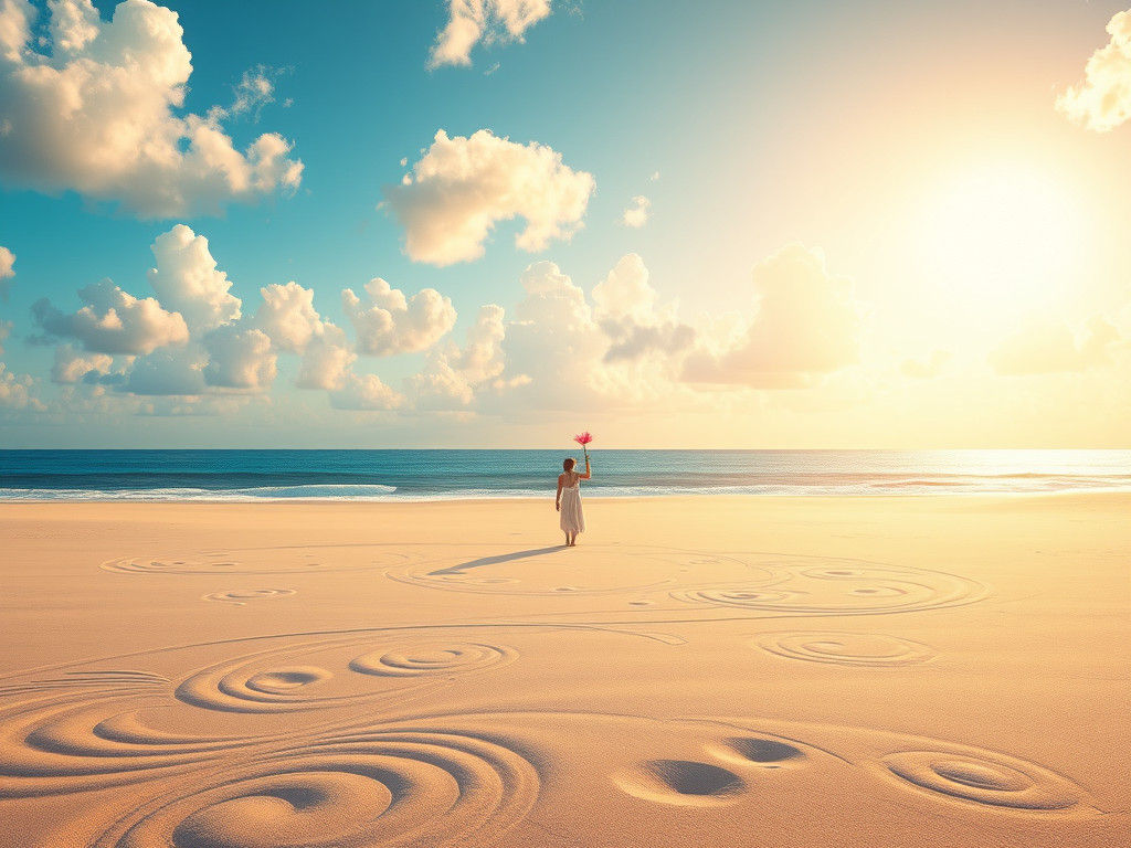 Dreamlike Beach Scene with Pink Flower, Digital Art