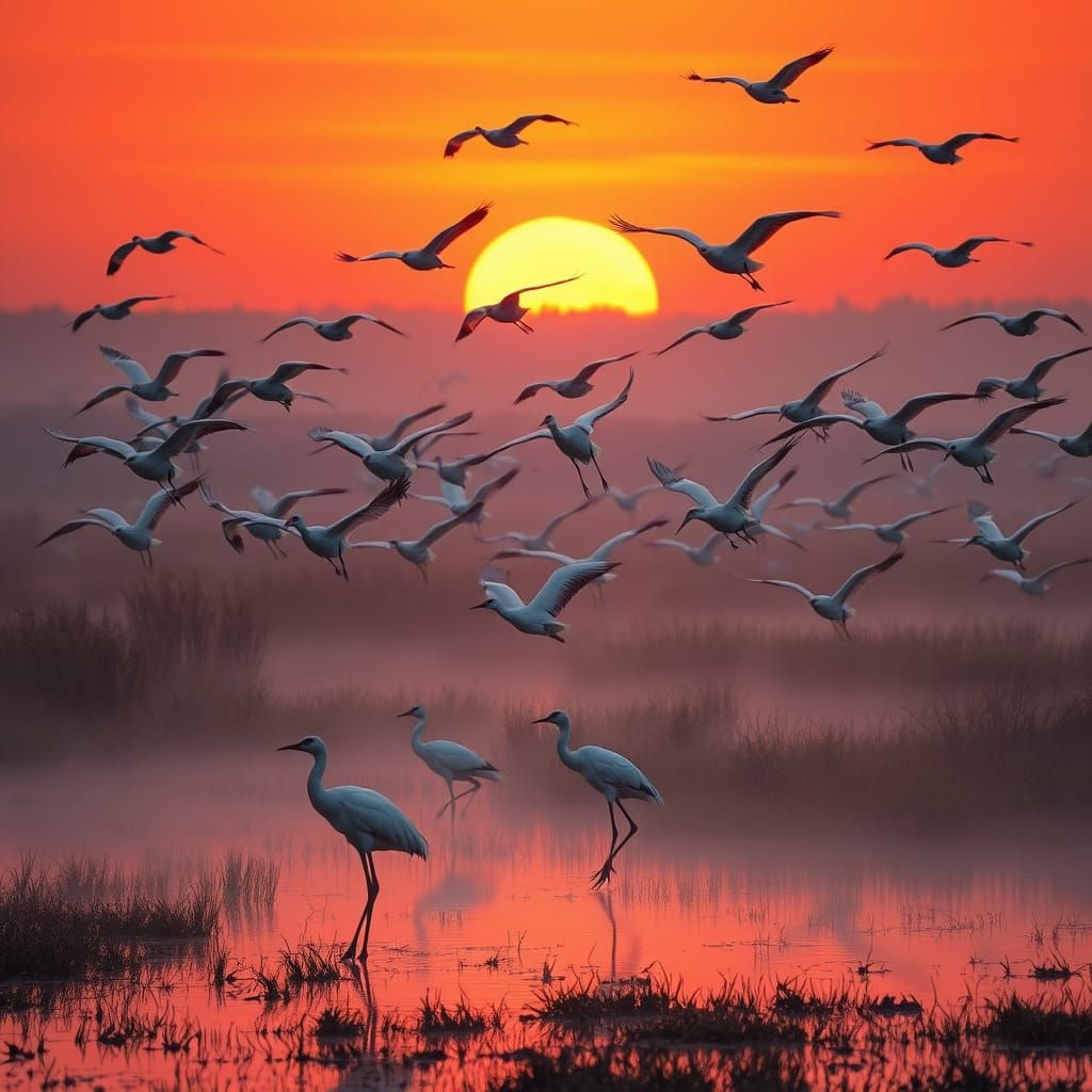 Siberian Cranes Soar Over Mystical Moorland