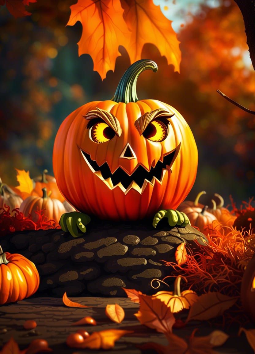 Goofy Goblin Critter with Pumpkin in Fall Scene