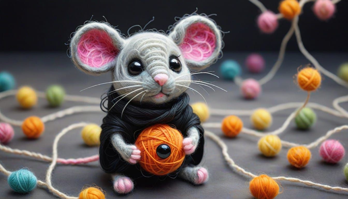 Whimsical Felted Wool Mouse in Satin Thread Webs