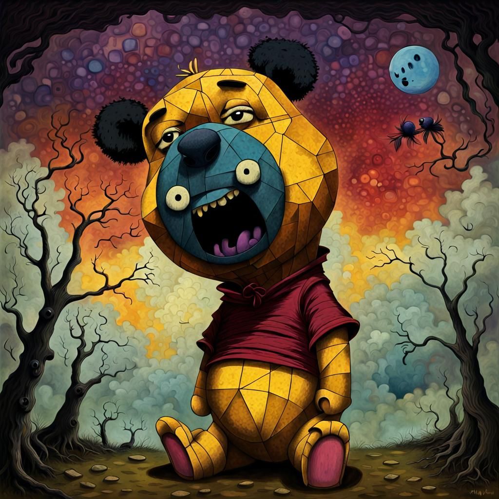 Surreal Winnie the Pooh Rapper in Cubist Horror Style