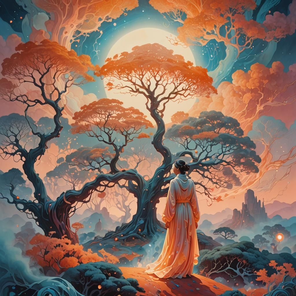 Ethereal Dreamscape: Woman and Glowing Tree
