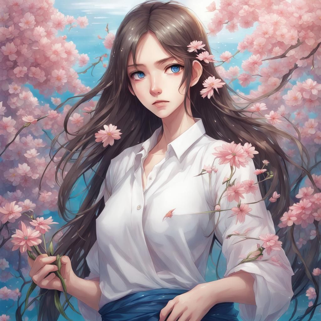 Manga Drawing of Woman Holding Flowers