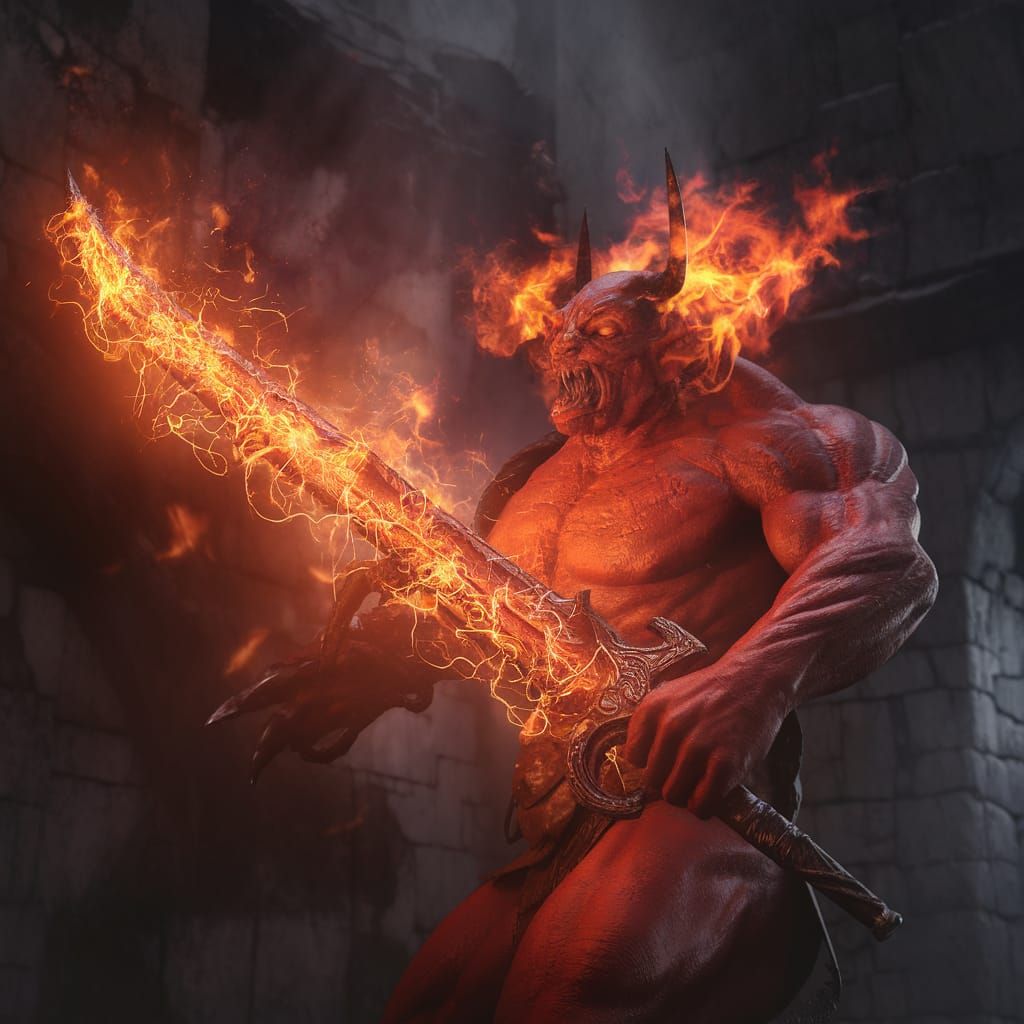 Surreal Demon Reveals Fiery Sword in Smoky Cavern