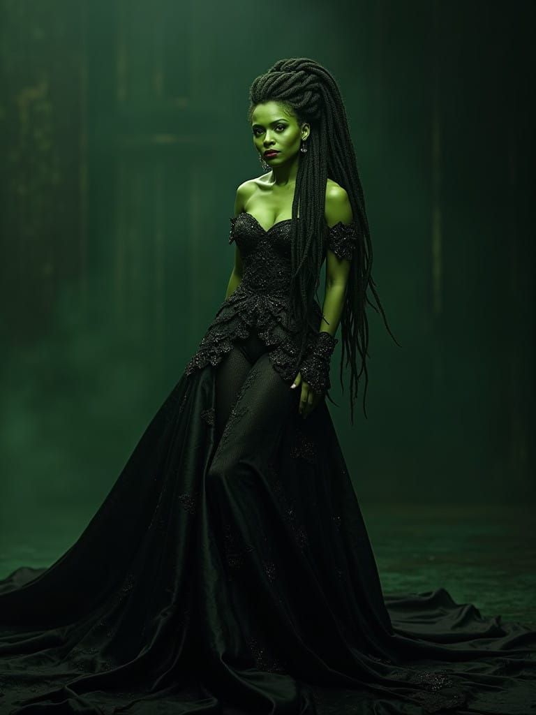 Ms. Elphaba in Dramatic Black Gown with Emerald Green Skin a...