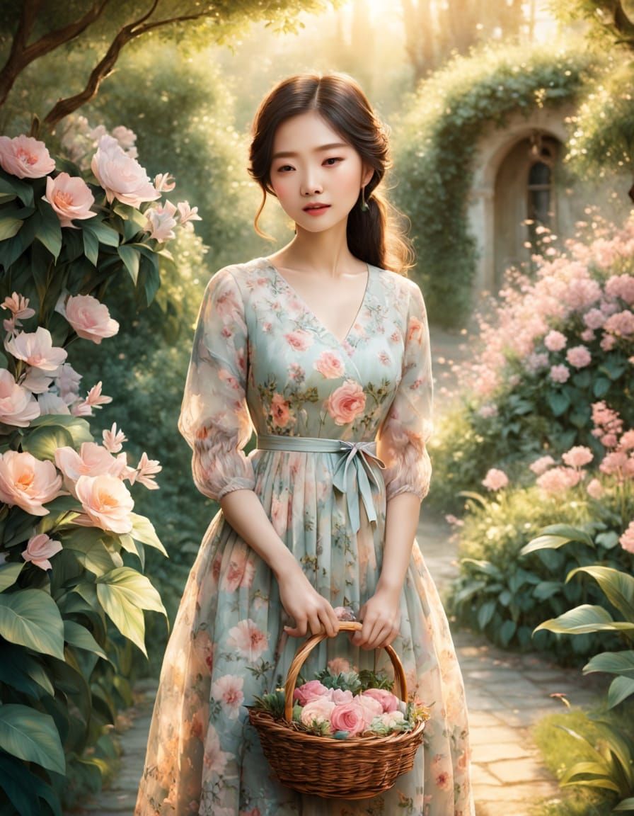 Whimsical Pastel Portrait of a Korean Woman in a Lush Garden