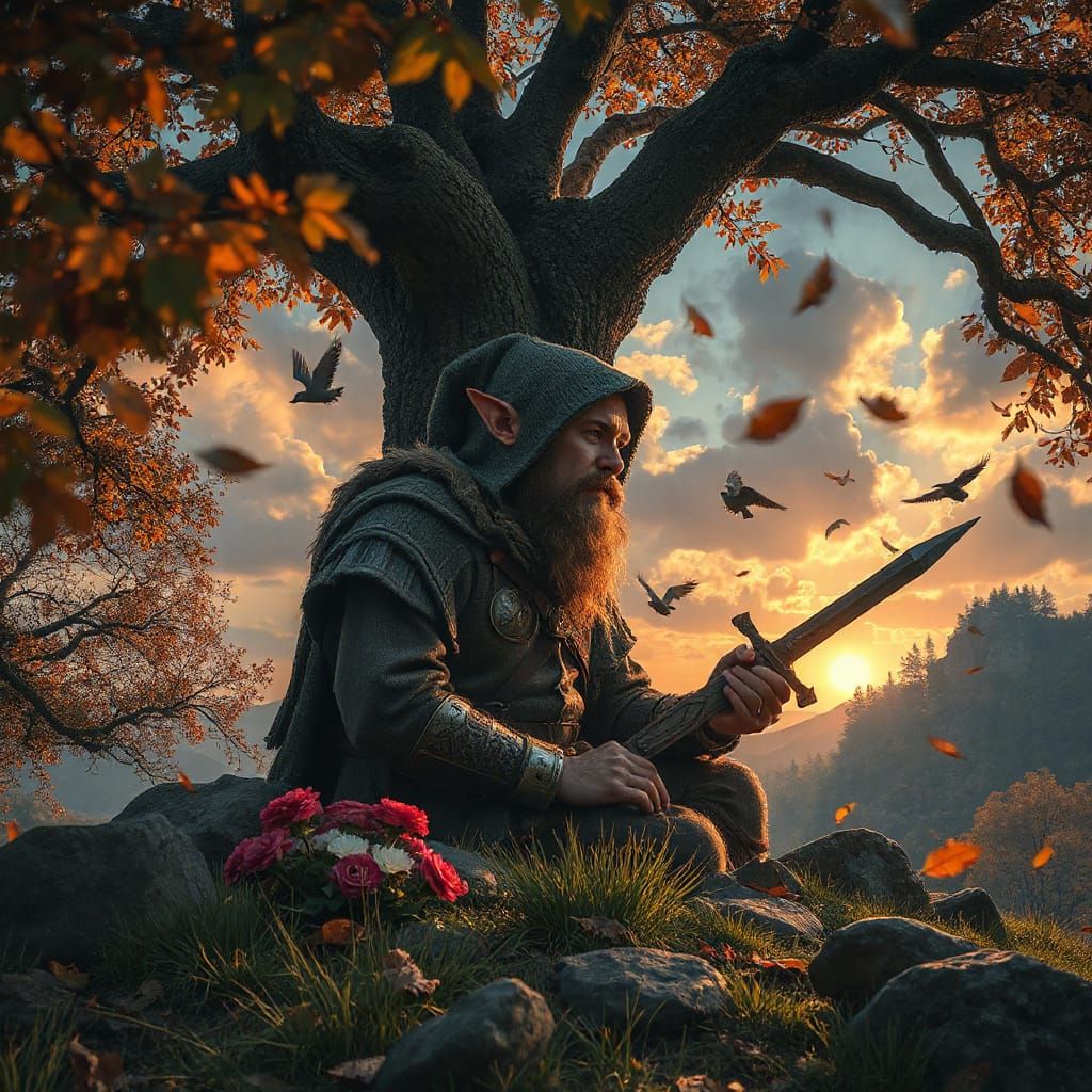 Warrior Dwarf Resting in Autumn Fantasy Landscape