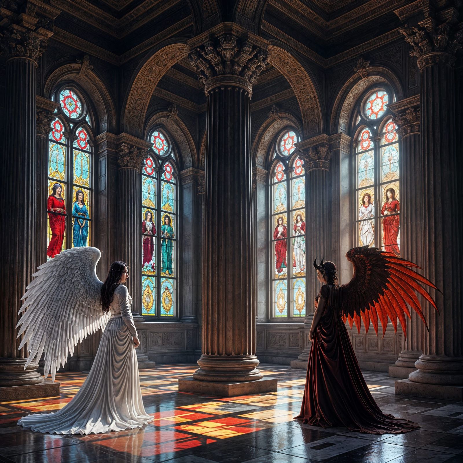 Angel and Devil at Temple Column in Detailed Matte Painting