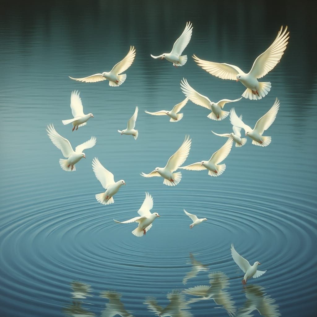 Majestic Doves Soar Over a Serene Lake in a Luminous, Ethere...