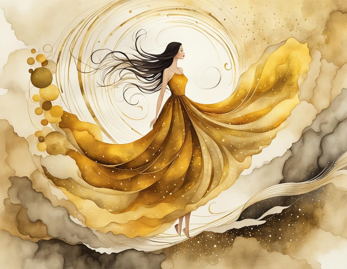 Golden Dress Flying: Minimalist Abstract Watercolor