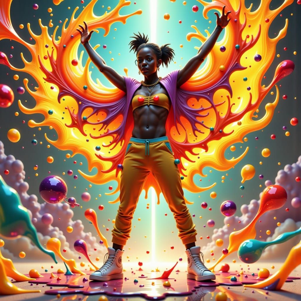 Dynamic Hip Hop Dancer in Bioluminescent Neon Splatter Paint