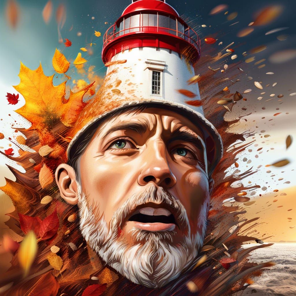 Autumn Lighthouse on Beach: Hyperrealistic Splash Art