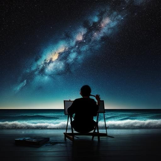 Night Sky Ocean Painting with Galaxy Reflection