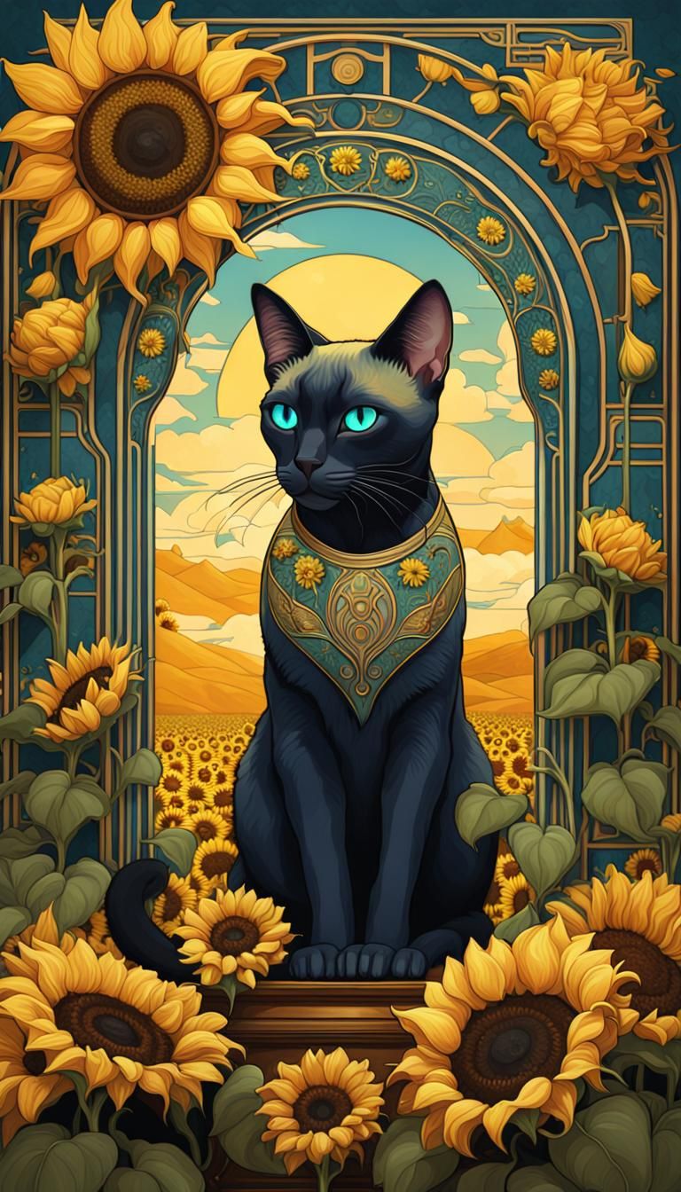 Siamese Cat and Sunflowers in Art Nouveau Style