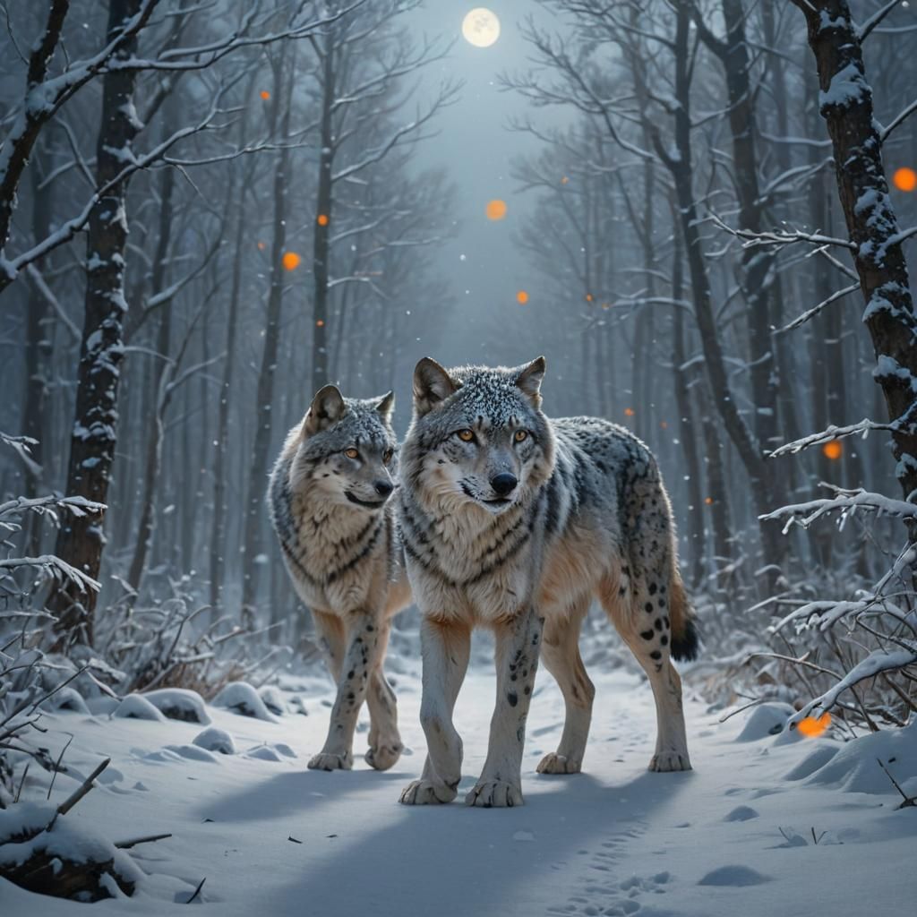 Wolf Leopard Hybrid in Snowy Forest, Dreamy Oil Painting