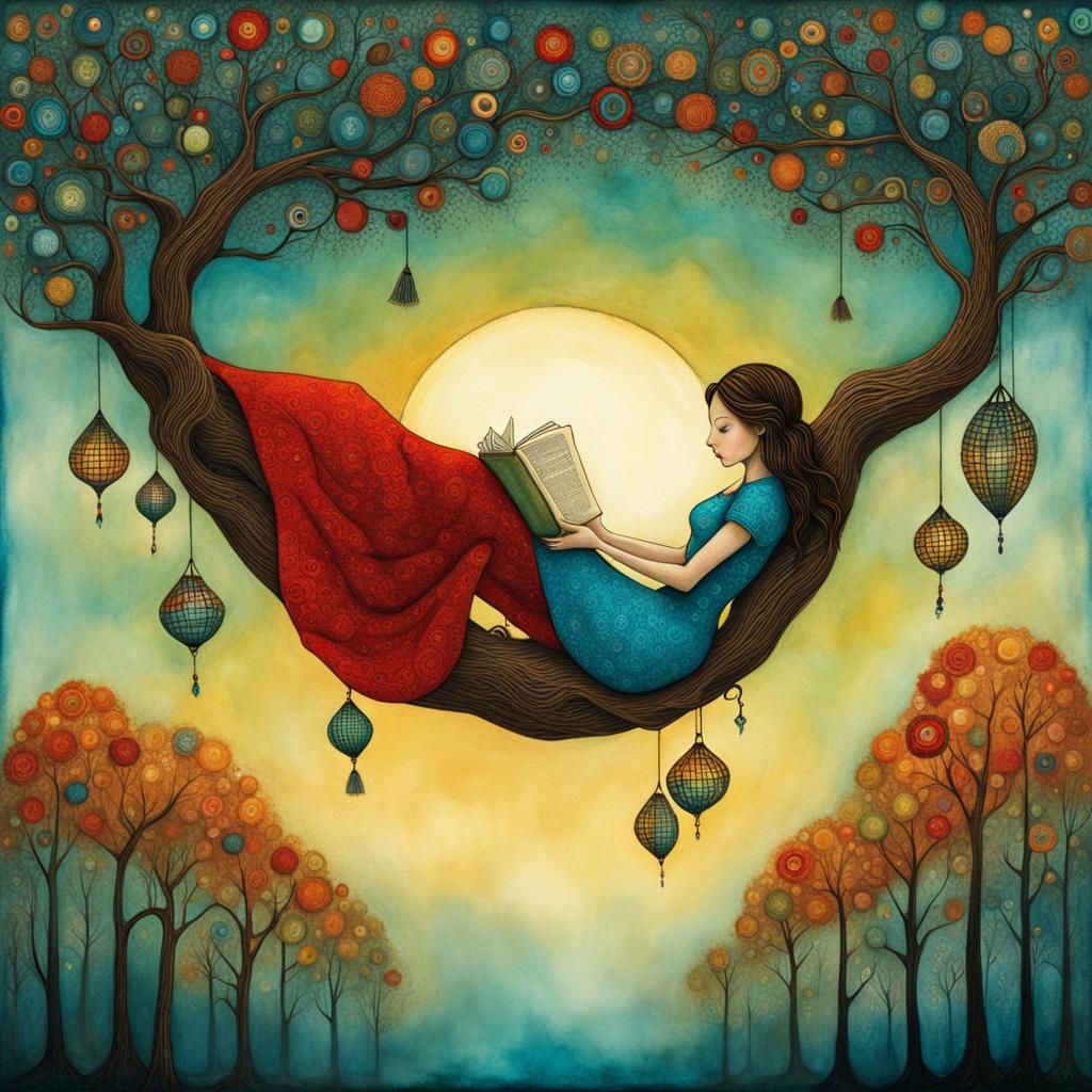 Girl Reading Upside Down: Surreal Watercolor Zentangle