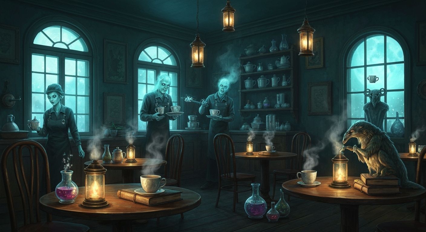 Mystical Moonlit Coffeehouse with Ghostly Baristas and Encha...