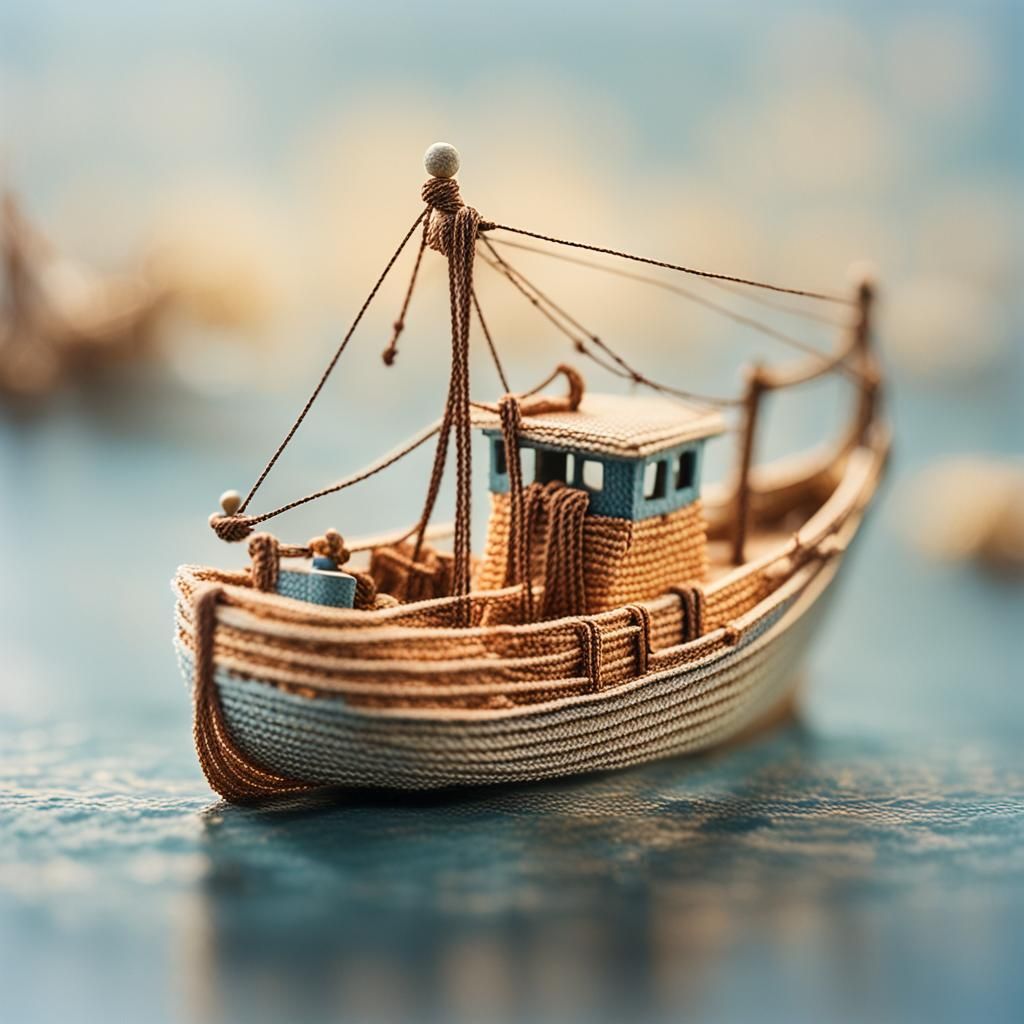 Miniature String Art Fishing Trawler in Harbour