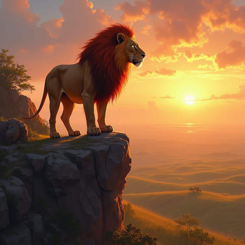 Lion with Fiery Mane Overlooking Plain at Sunset