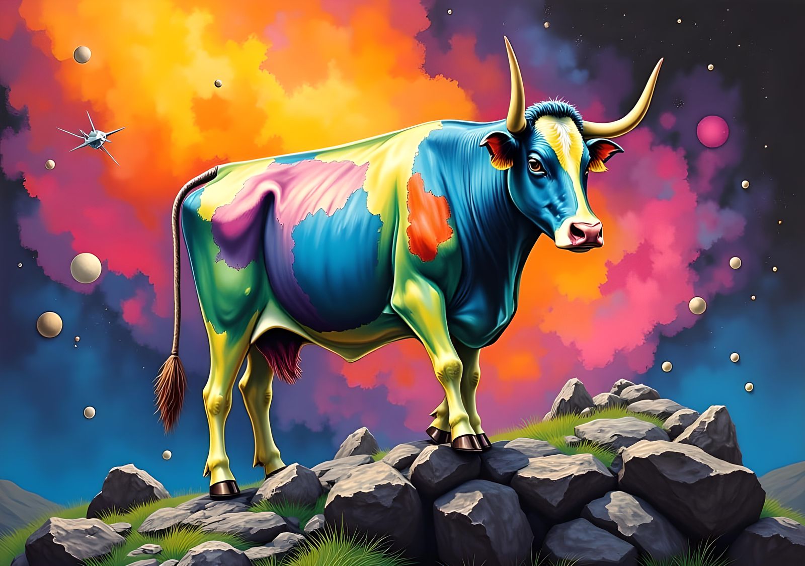 Sci-Fi Cow Painting with Vibrant Colors