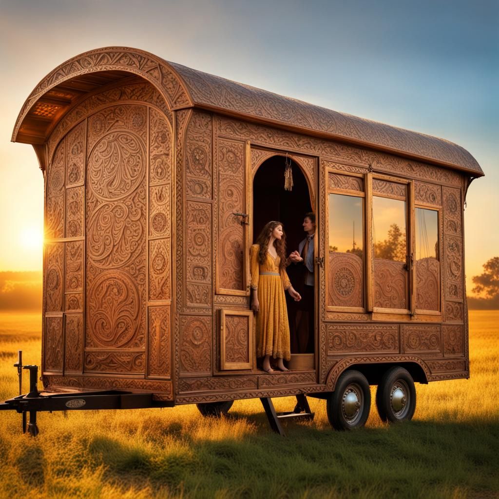 Intricately Carved Gypsy Vardo in Field at Sunset