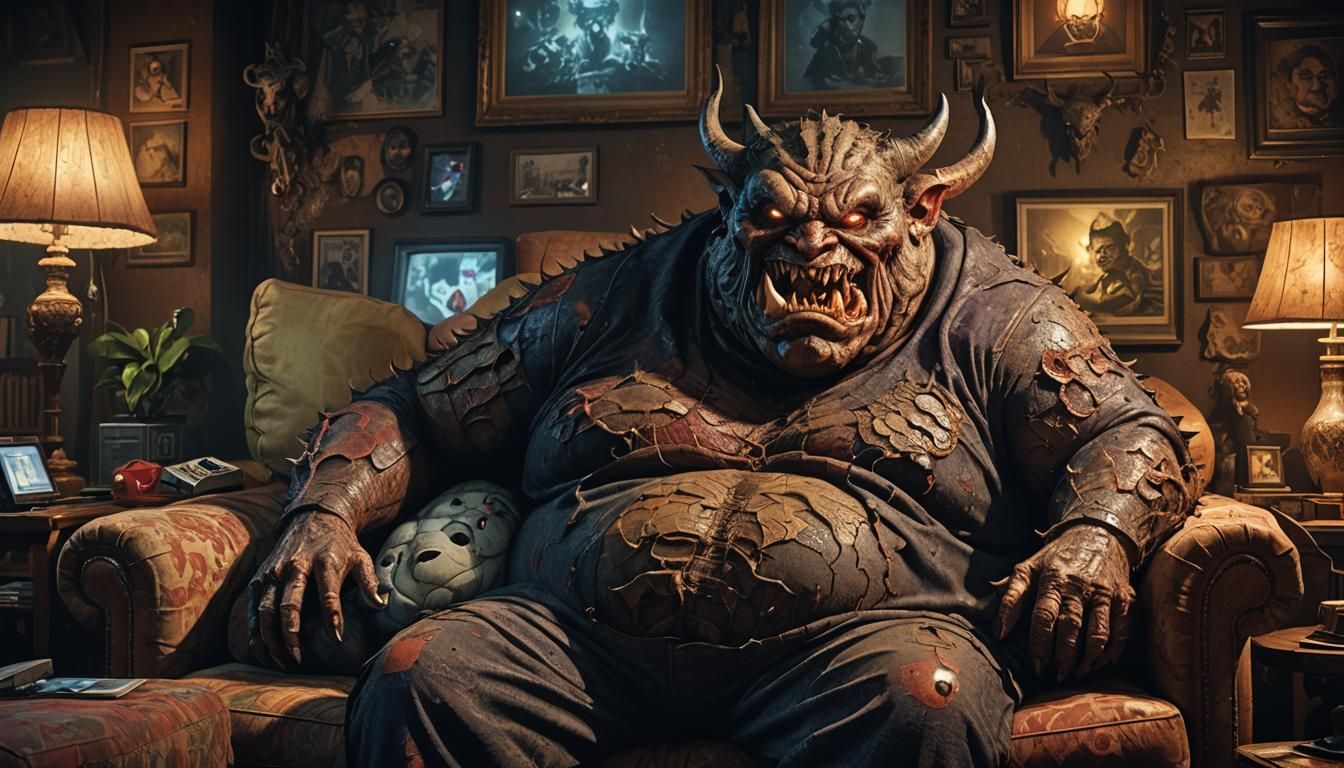 Hyperrealistic Demon Watches TV in Dimly Lit Room