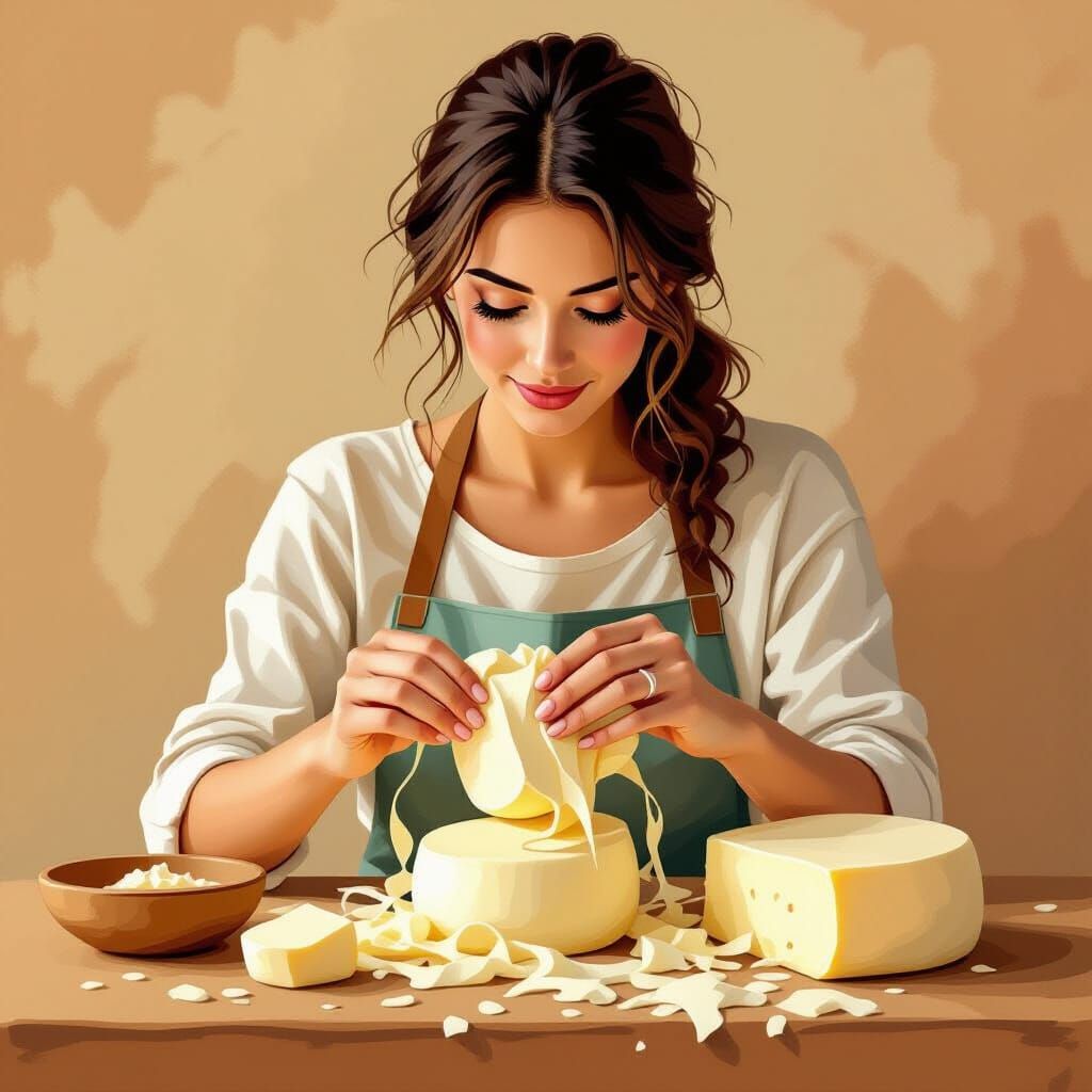 Woman Untangling Mozzarella Cheese in Vibrant Style