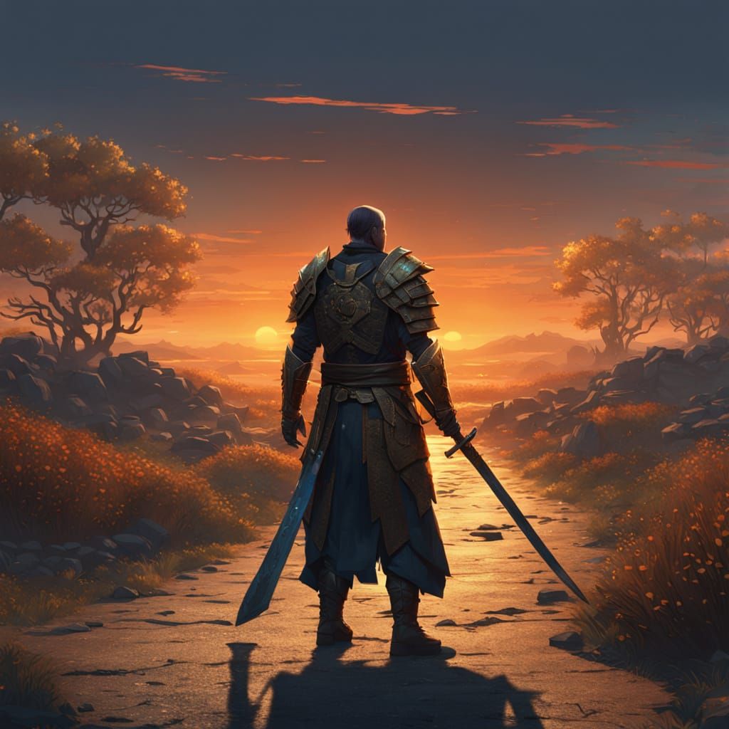 Warrior Silhouetted on Abandoned Road at Sunset