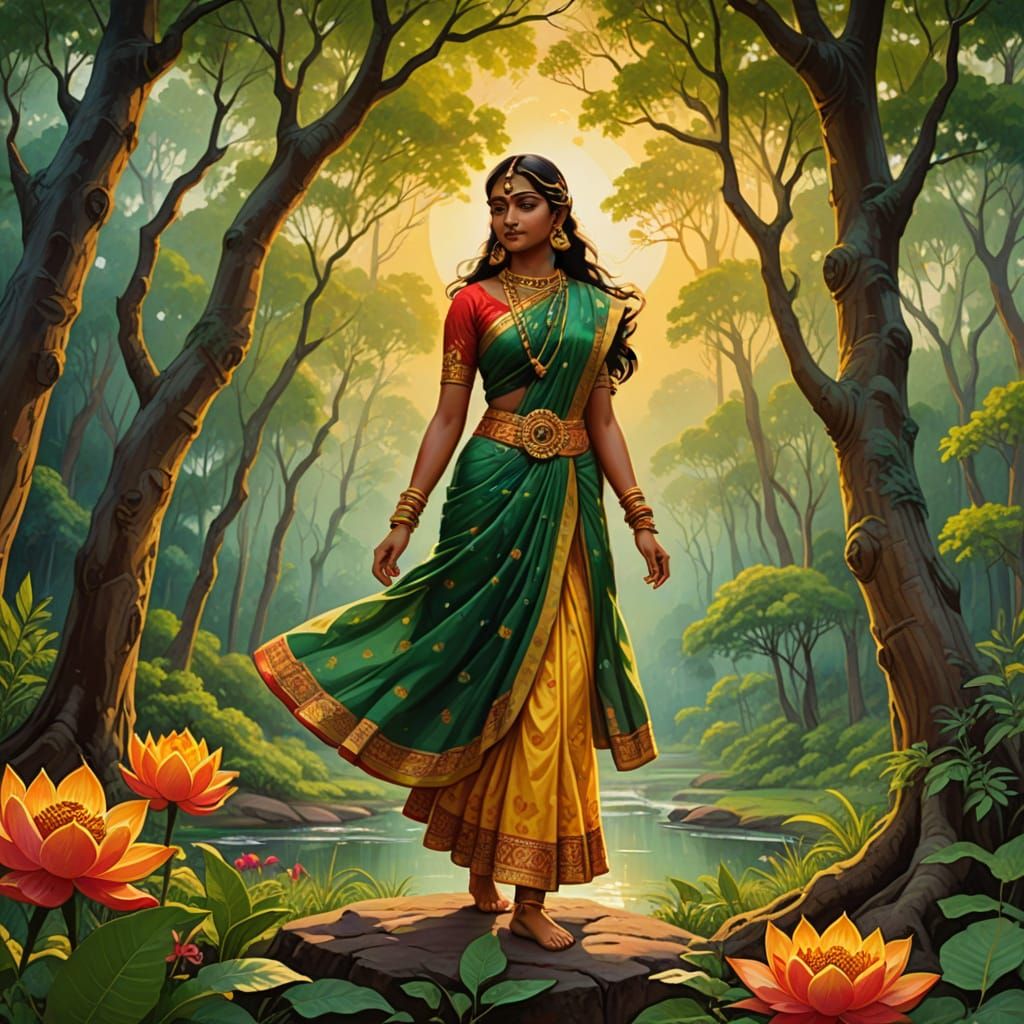 Vibrant Mysore-Style Painting of Aja Ekapada in Serene Fores...