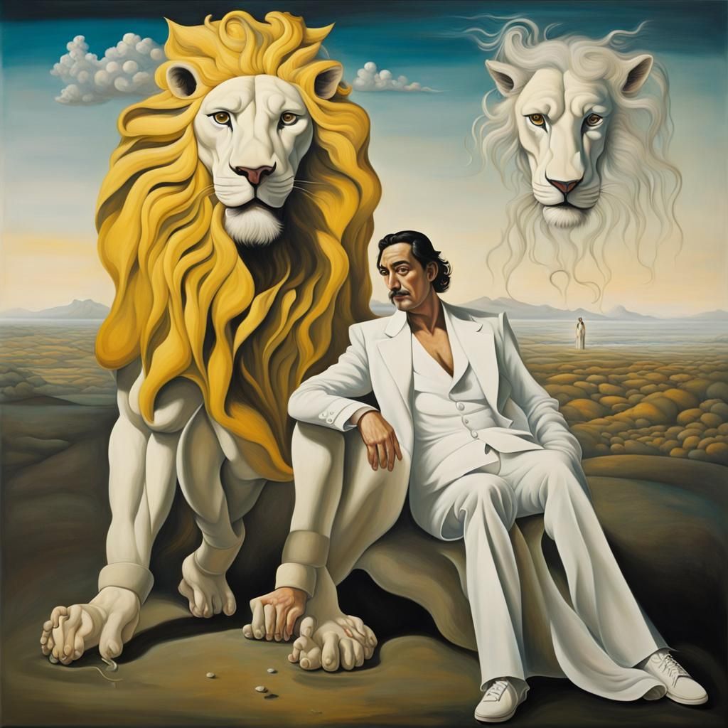 Man and Lion in a Surrealist Salvador Dali Style