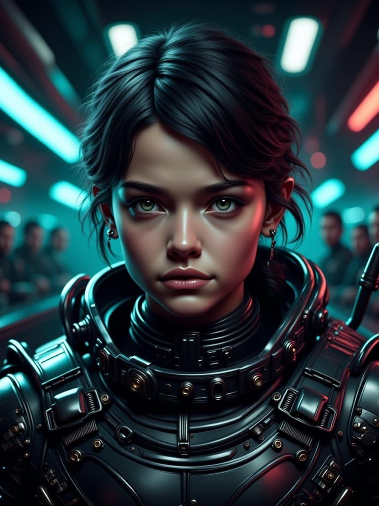 Cyberpunk Mercenary with Sorrowful Expression