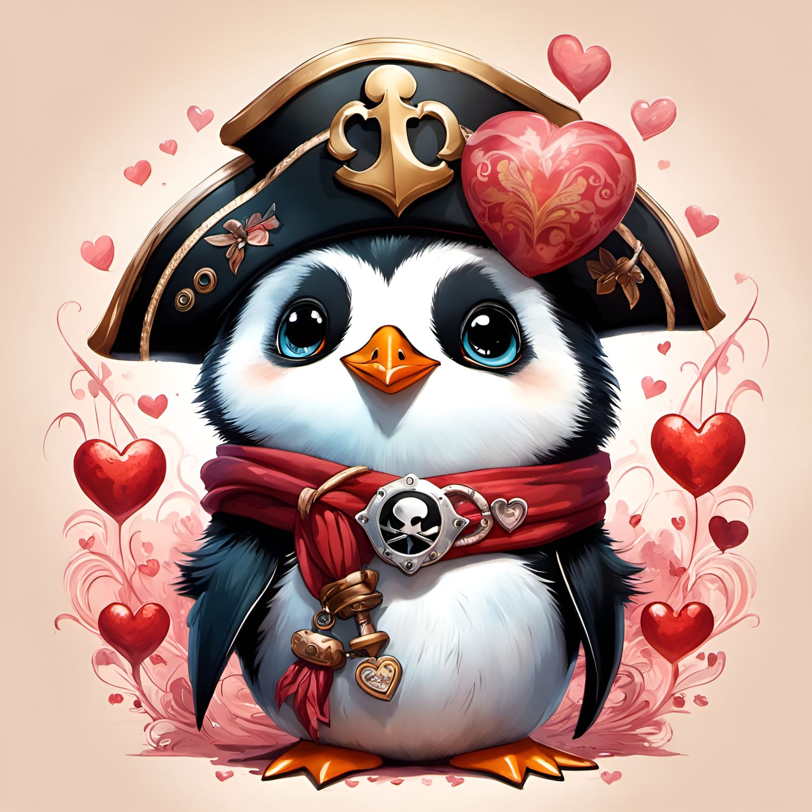 Adorable Chibi Pirate Penguin Portrait with Hearts