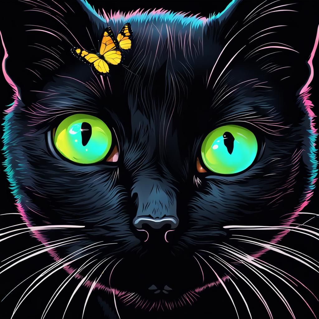 Kitten with Butterfly: Neon Moon Digital Art