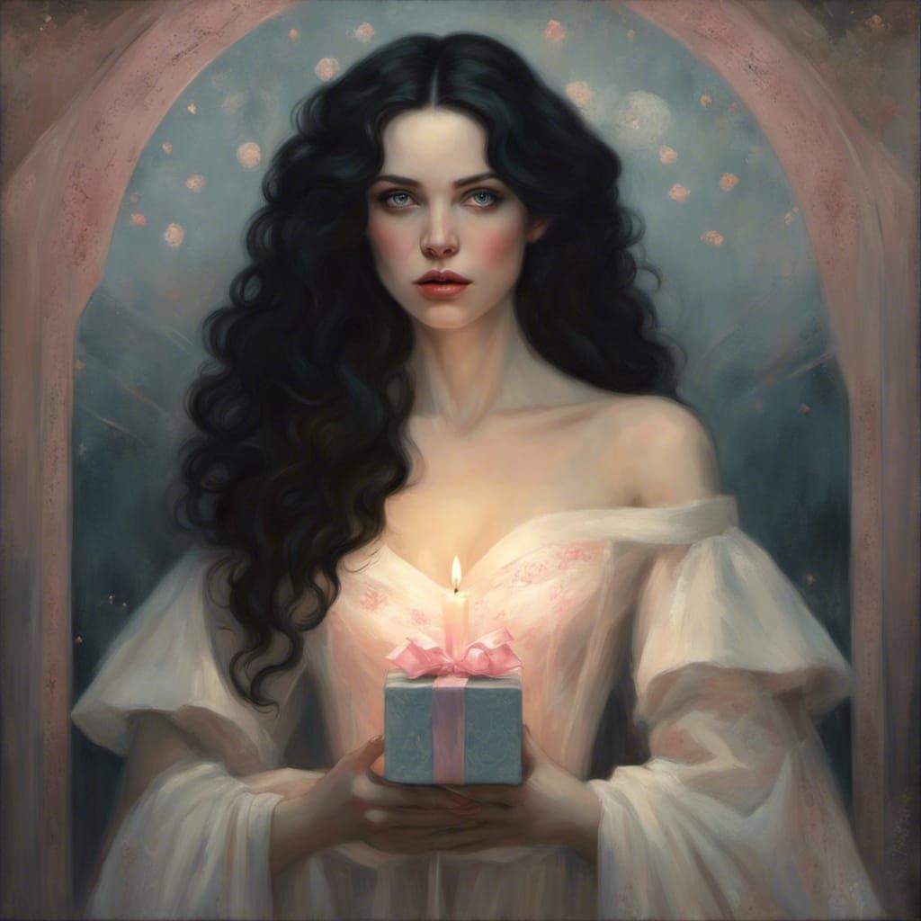 Portrait of Woman with Present by Tom Bagshaw