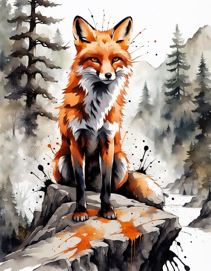 Fox in Mountain Forest: Ink Splatter Art