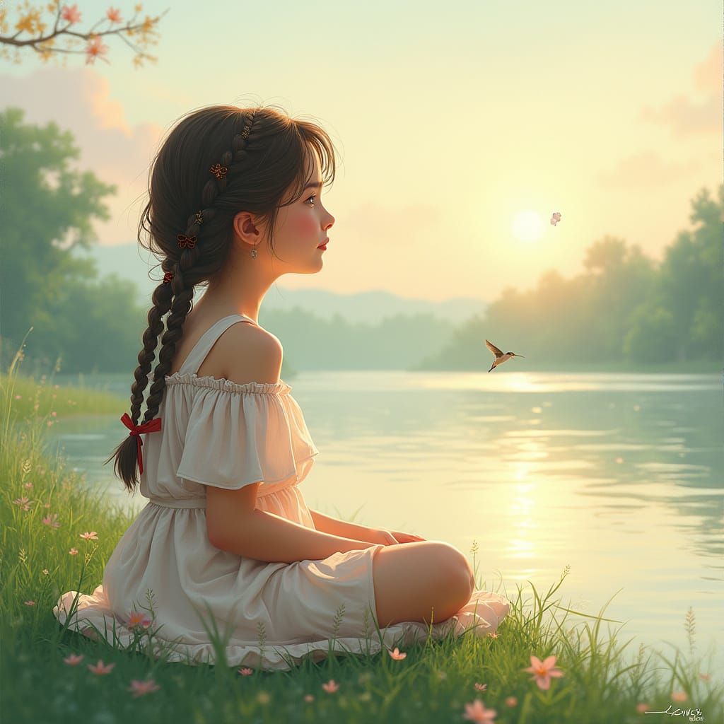 Determined Girl in Impressionist Style with Soft Pastel Tone...