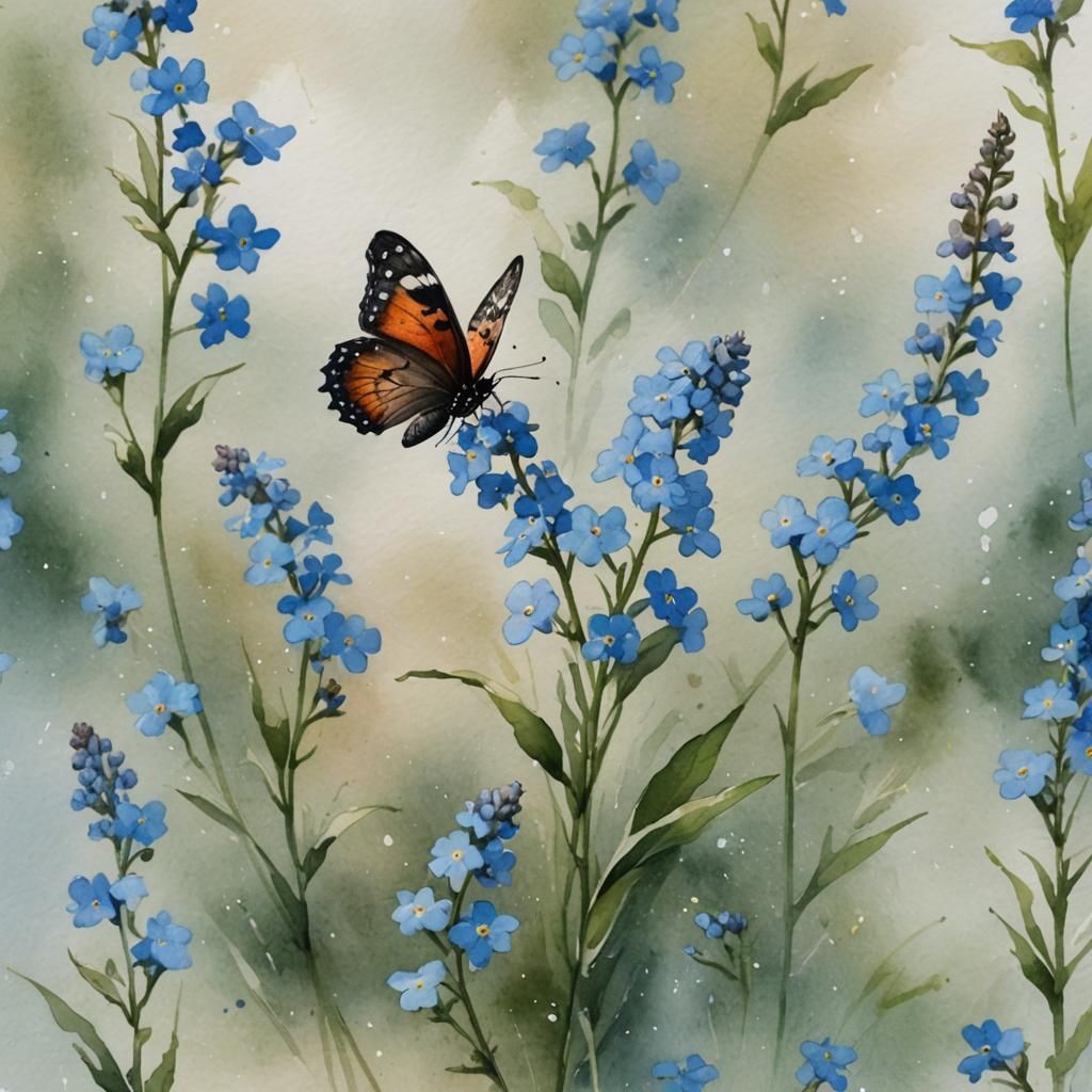 Butterfly and Forget-me-nots in Watercolor