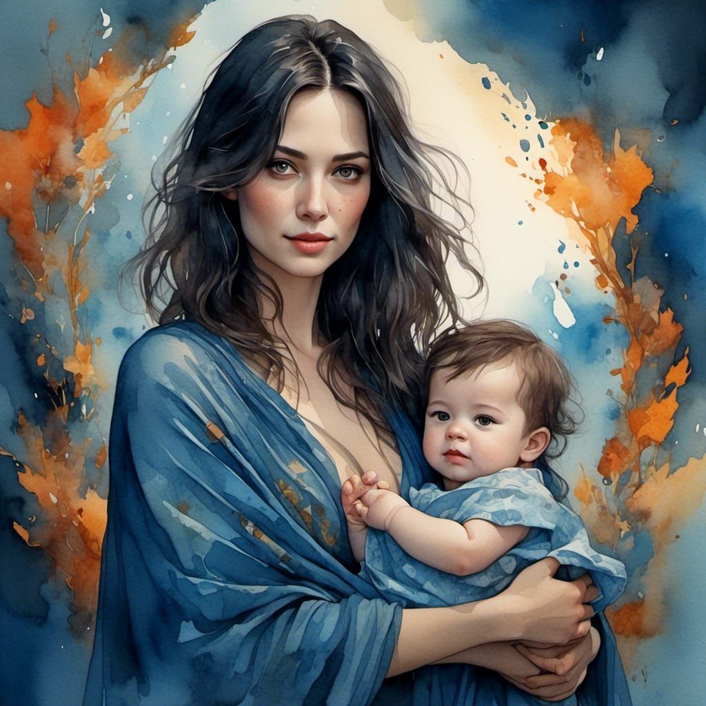 Watercolor Painting of Mother Holding Infant