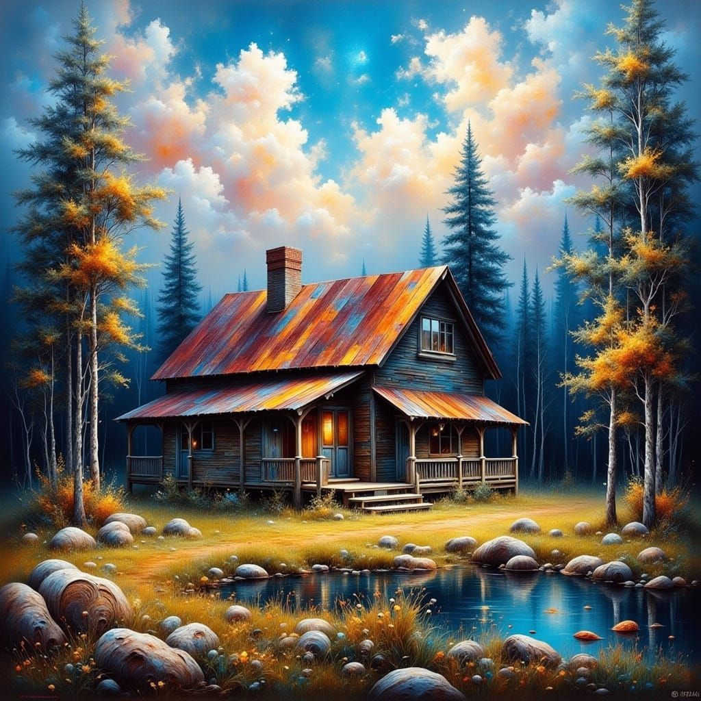 Rustic Cabin in Enchanted Forest, Oil Painting Style